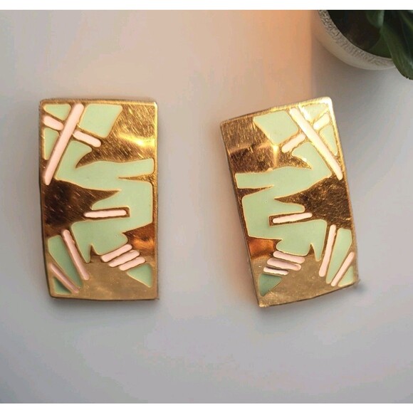 Vintage Modernist Art Deco 80s Geometric Teal Pale Pink BOTT retro post earrings - Picture 1 of 9